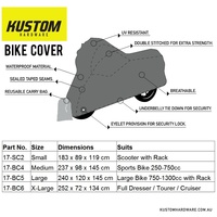 Kustom Hardware Bike Cover | Large - Sport Bike 750 - 1300cc with Rack