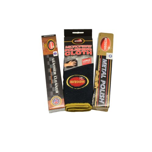 Autosol Metal Polish 75ml + Leather Cleaner 75ml  +  Microfibre Cleaning Cloth 