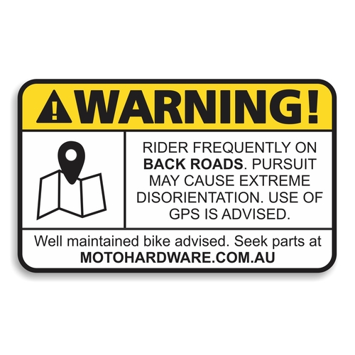 Warning Sticker - Rider Frequently on Back Roads by Moto Hardware (90x60mm)